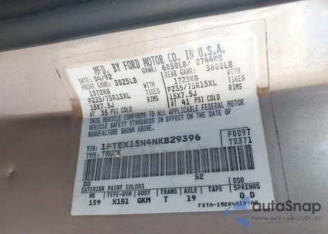 1992 Ford F150 z USA, uszkodzony, nr VIN 1FTEX15N4NKB29396